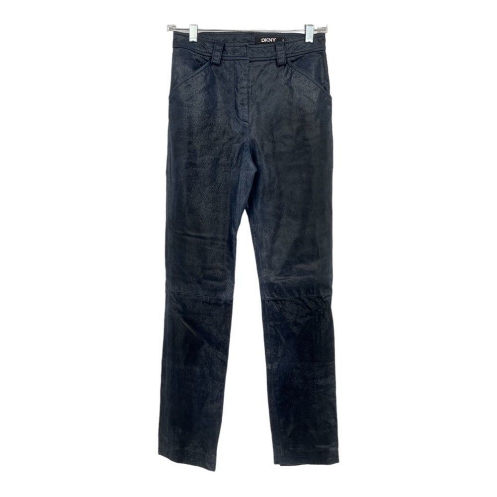 Vintage DKNY 100% Real Leather Dark Blue Metallic Pants Womens 2